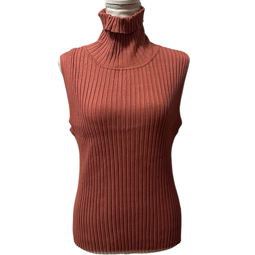 Apostrophe Women's Sleeveless Turtleneck Ribbed Knit Top Orange XL Earthy